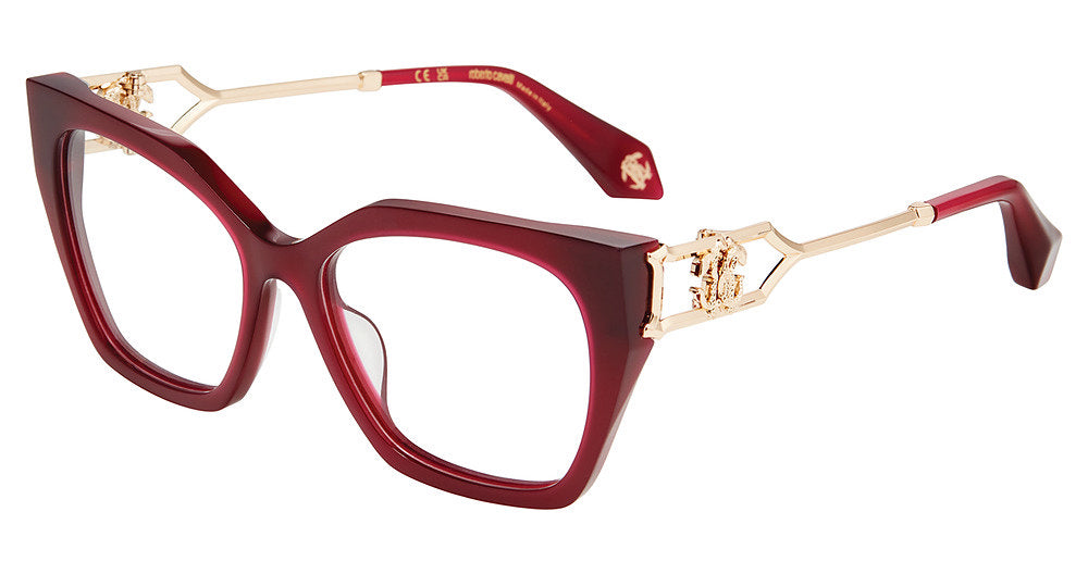 Roberto Cavalli VRC120 women's butterfly full-rim eyeglasses in Shiny Opal Violet with gold-tone openwork temples and decorative emblems.

