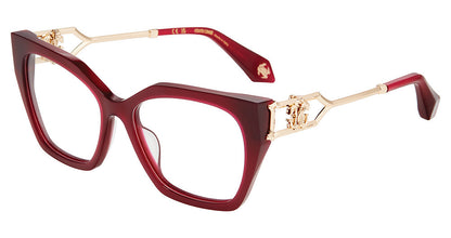 Roberto Cavalli VRC120 women's butterfly full-rim eyeglasses in Shiny Opal Violet with gold-tone openwork temples and decorative emblems.


