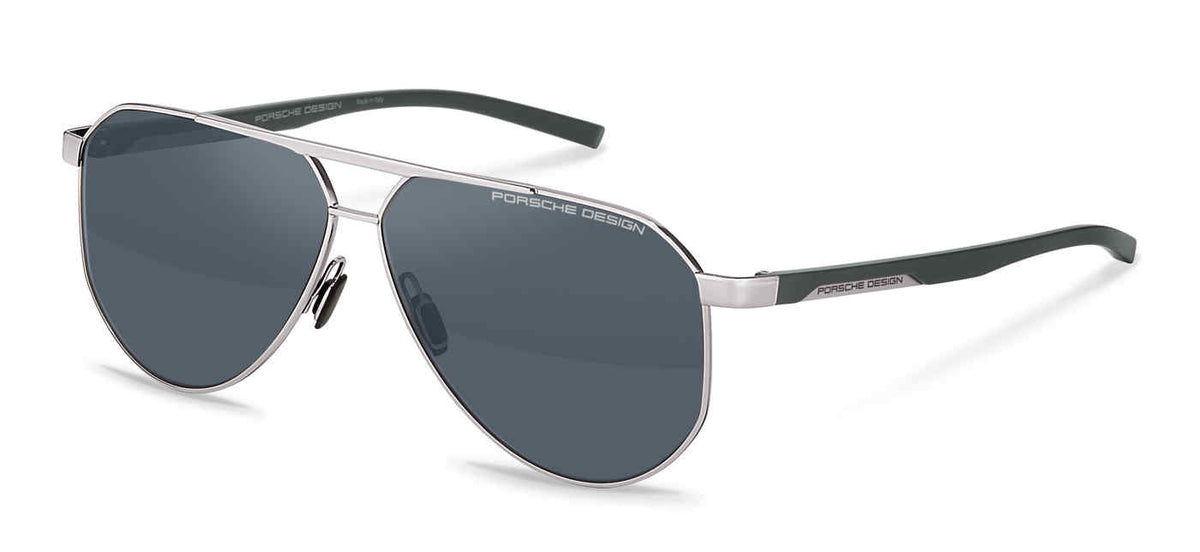 Porsche Design P8983 men's aviator sunglasses in Shiny Palladium Grey, with a silver-tone front, gray lenses and dark temples.

