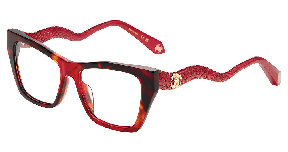 Roberto Cavalli VRC117M women's square full-rim eyeglasses in Shiny Red Havana with sculpted scale-textured temples and gold-tone emblems.

