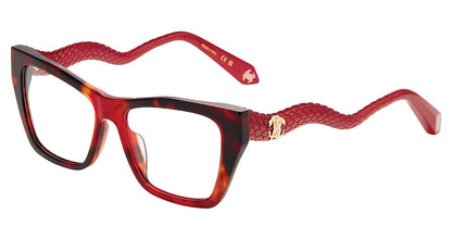 Roberto Cavalli VRC117M women's square full-rim eyeglasses in Shiny Red Havana with sculpted scale-textured temples and gold-tone emblems.

