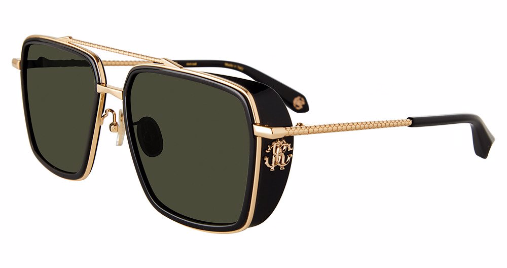 Roberto Cavalli SRC036M unisex navigator sunglasses in Shiny Rose Gold with full rims, dark surrounds, dark green-toned lenses, and textured warm-toned temples.

