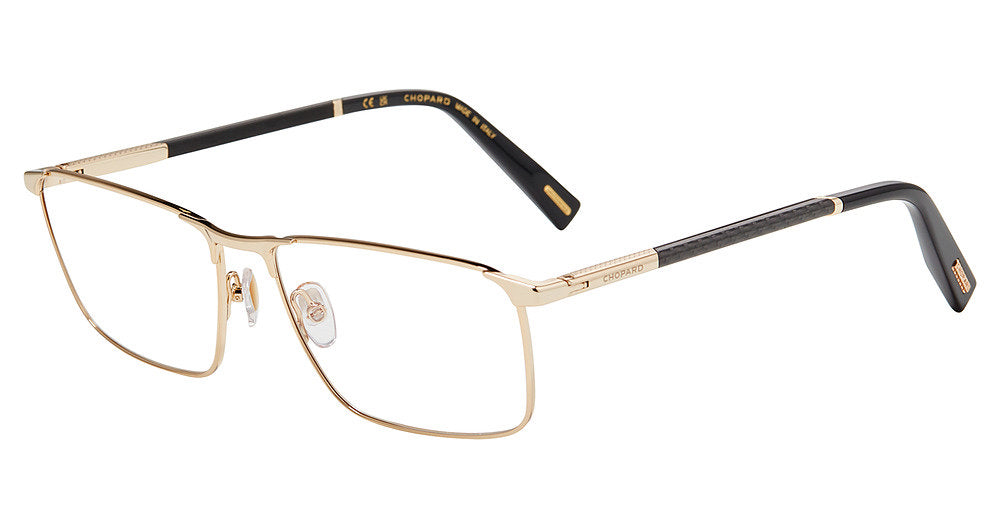 Chopard VCHL76 men's square full-rim eyeglasses in Shiny Total Rose Gold with contrasting dark temple detailing.⠋