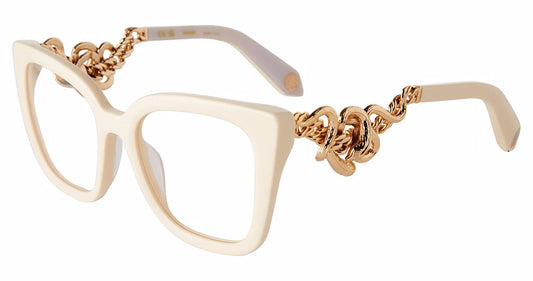 Roberto Cavalli VRC051M women's square eyeglasses in Shiny Full Cream, with sculptural gold-tone chain-and-loop temple detailing.

