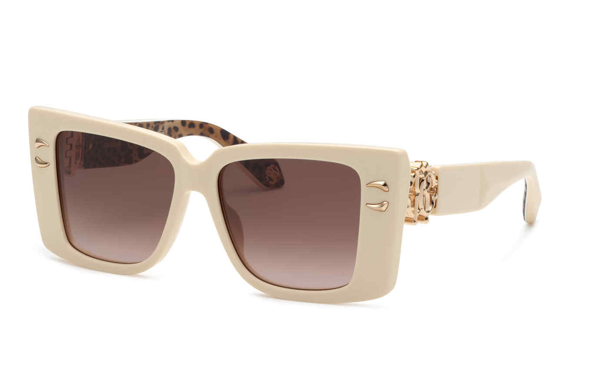 Roberto Cavalli SRC056M women's square full-rim sunglasses in Shiny Full Cream with brown gradient-looking lenses and gold-toned front and temple accents.