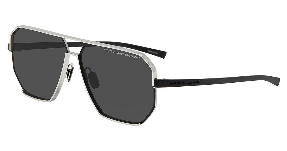 Porsche Design P8995 men's full-rim navigator sunglasses in Silver Black, with a silver-tone front, dark lenses, a double bridge and black temples.

