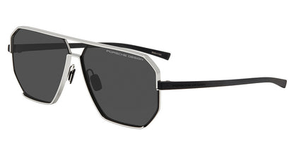 Porsche Design P8995 men's full-rim navigator sunglasses in Silver Black, with a silver-tone front, dark lenses, a double bridge and black temples.


