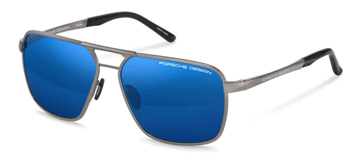 Porsche Design P8966 men's navigator sunglasses in Silver Blue with a silver-tone double bridge, blue reflective-looking lenses and black temple tips.

