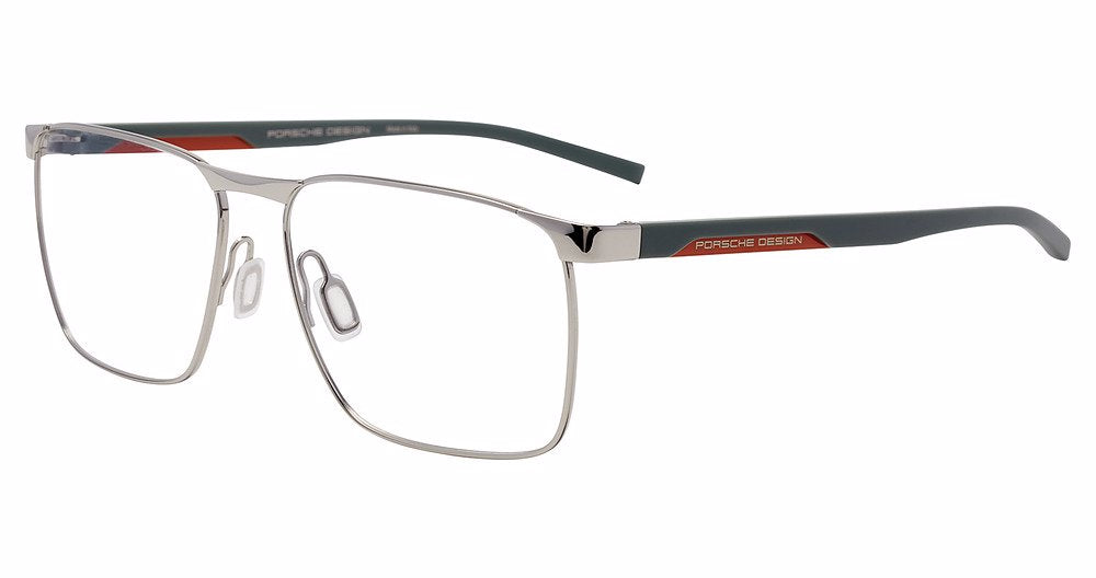 Porsche Design P8776 men's square eyeglasses in Silver Grey, with a silver-tone front, gray temples and red accents.

