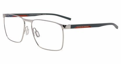 Porsche Design P8776 men's square eyeglasses in Silver Grey, with a silver-tone front, gray temples and red accents.

