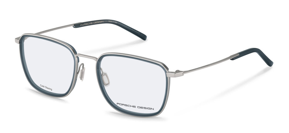 Porsche Design P8789 men's square full-rim eyeglasses in Silver W Blue, with silver-tone temples, blue rim accents and dark temple tips.

