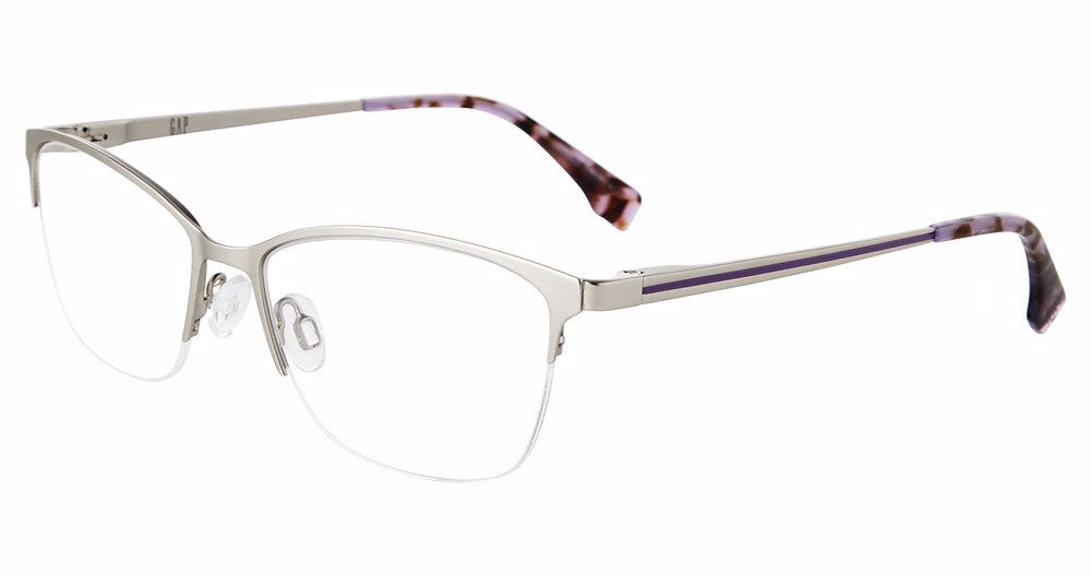 Gap VGP039 women's cat-eye metal eyeglasses in Silver with a semi-rimless front, adjustable nose pads, purple-toned temple accents, and patterned temple tips.

