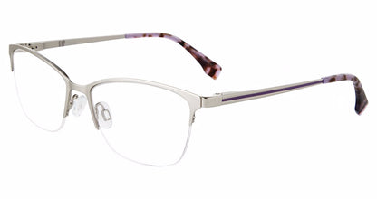 Gap VGP039 women's cat-eye metal eyeglasses in Silver with a semi-rimless front, adjustable nose pads, purple-toned temple accents, and patterned temple tips.

