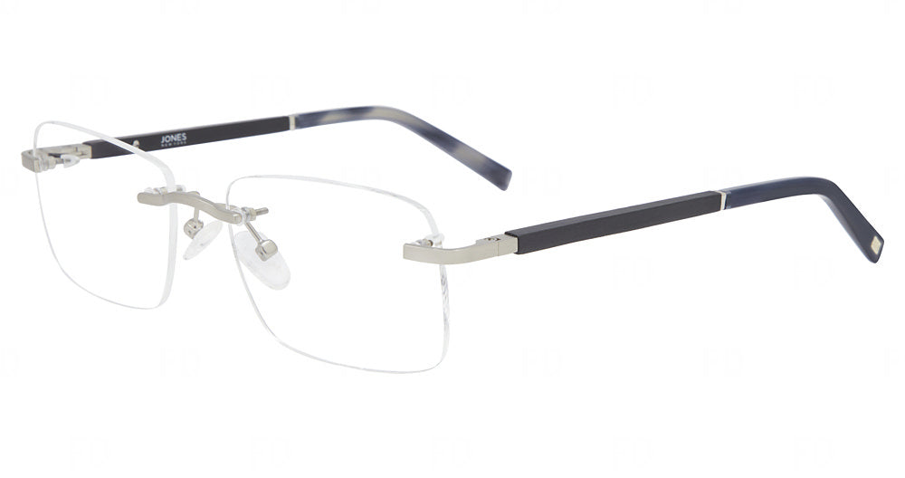 “Jones New York VJOM384 men's rectangle metal eyeglasses in Silver — 3-piece screw rimless construction.”