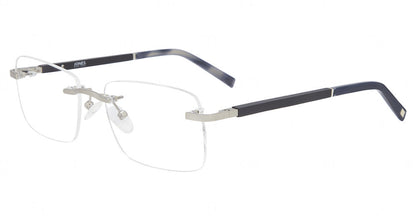 “Jones New York VJOM384 men's rectangle metal eyeglasses in Silver — 3-piece screw rimless construction.”