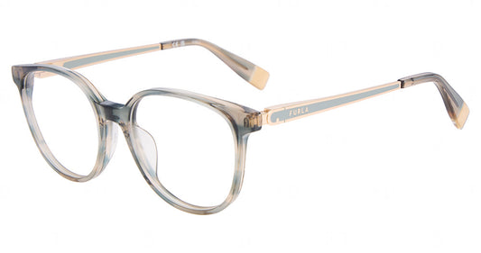 Furla VFUB61 women's pantos eyeglasses in Striped Gray Brown with pale patterned full rims, cool gray temple accents, and metallic-toned temple sections.

