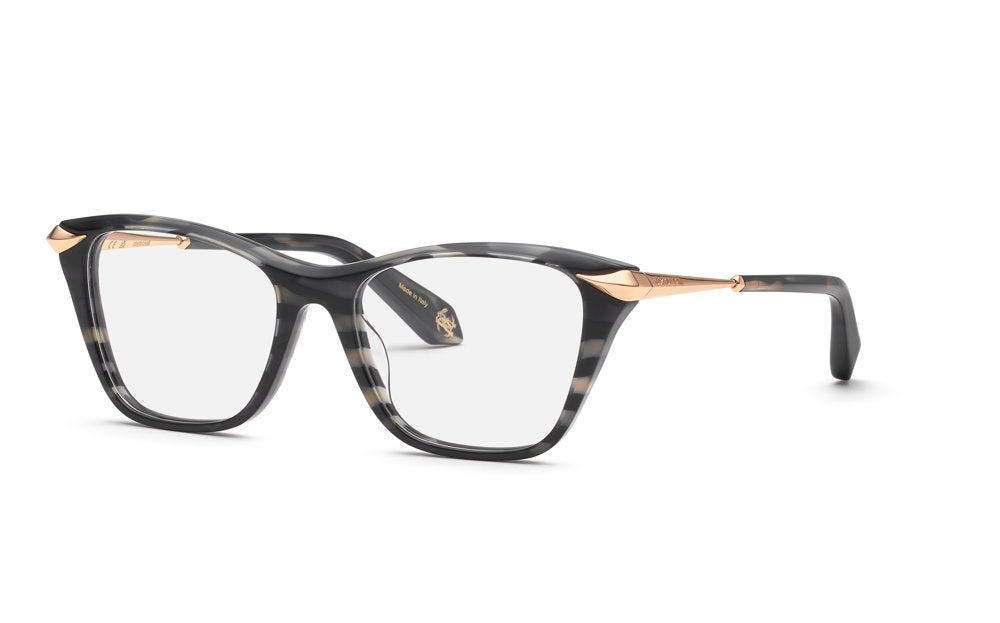 Roberto Cavalli VRC144M women's cat-eye full-rim eyeglasses in Striped Gray Havana with tapered gold-tone corner and temple accents.


