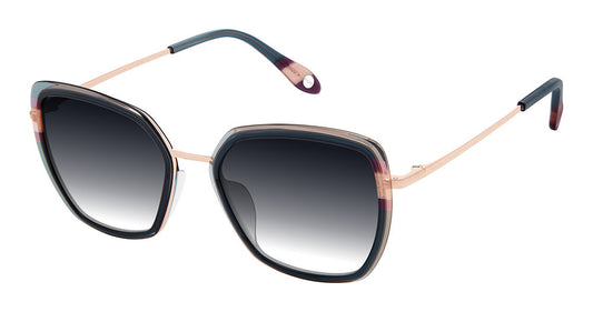 FYSH F-2145 Modified Square Sunglasses in Teal Eggplant Shimmer — women's full acetate combination frame with stainless steel temples
