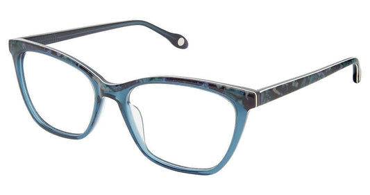 FYSH F-3680 Modified Cat Eye Eyeglasses in Teal Snake — women's full acetate frame with saddle bridge
