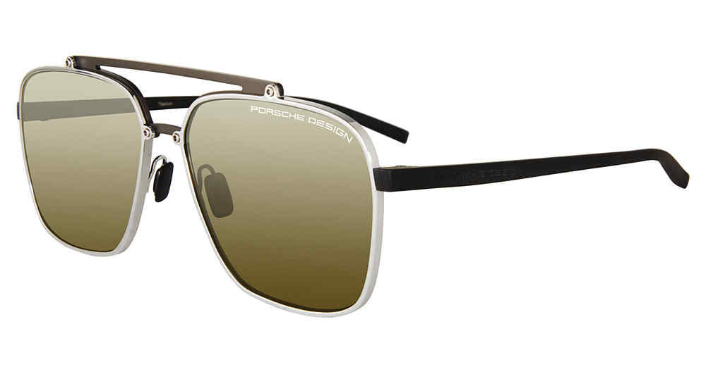 Porsche Design P8937 men's navigator sunglasses in Titanium BLA with a silver-tone front, olive-toned lenses, straight top bar and black temples.

