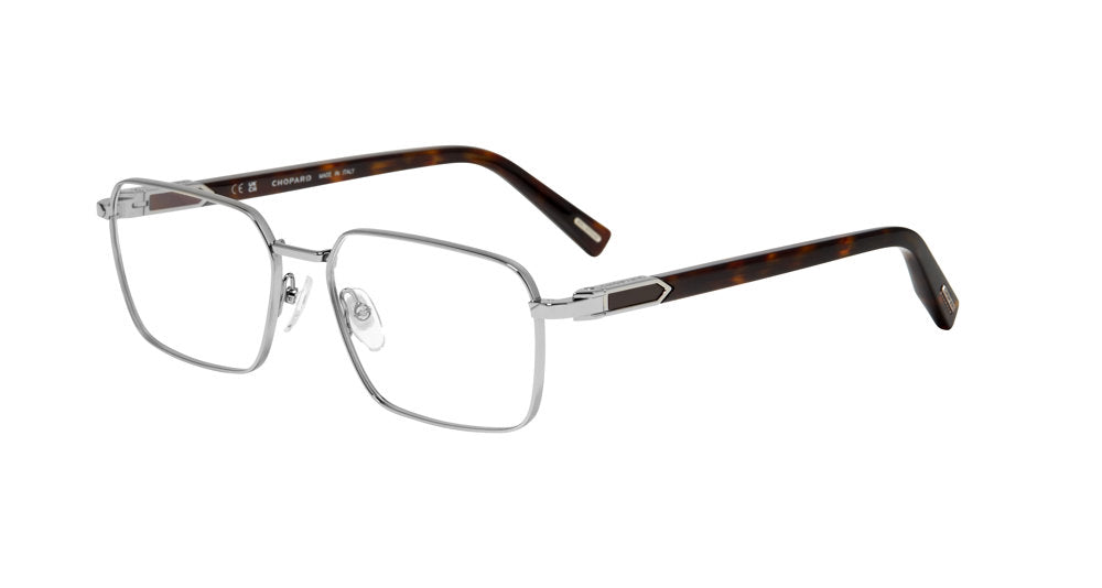 Chopard VCHM36 men's square full-rim eyeglasses in Total Ruthenium with patterned brown temples.