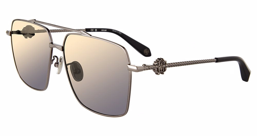 Roberto Cavalli SRC036V unisex navigator sunglasses in Total Shiny Gun with full rims, reflective gold-to-gray-looking lenses, textured gray-toned temples, and side monograms.