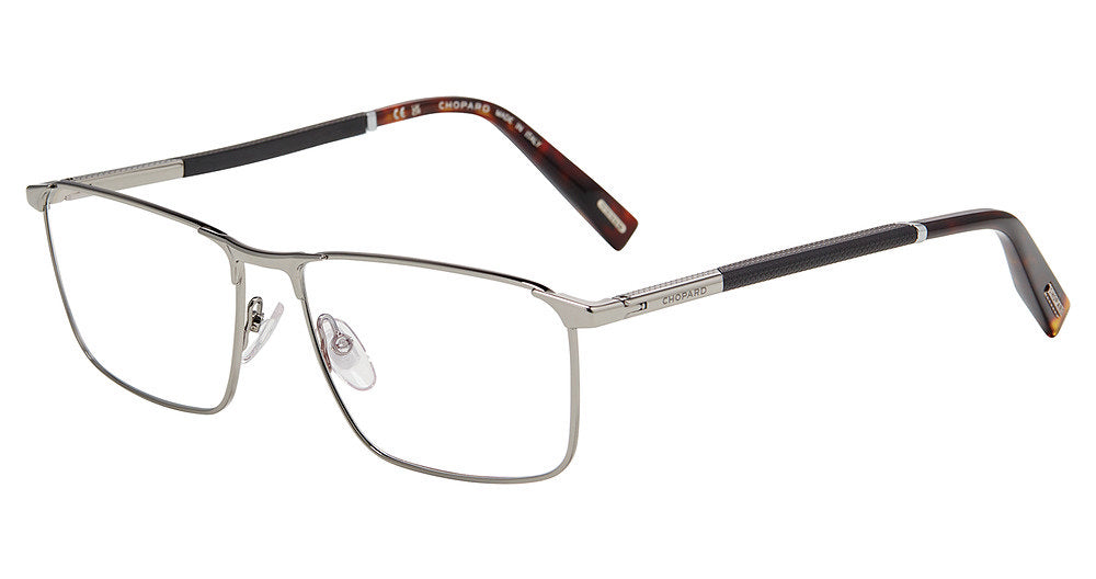 Chopard VCHL76 men's square full-rim eyeglasses in Total Shiny Ruthenium with contrasting dark temple detailing.

