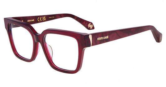 Roberto Cavalli VRC201M women's square plastic full-rim eyeglasses in Transparent Bordeaux with broad branded temples and gold-tone side accents.

