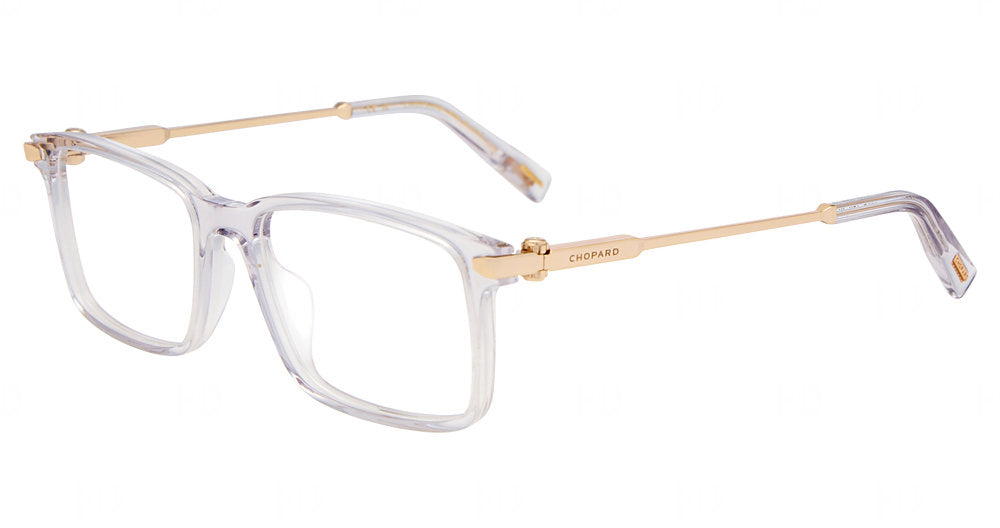 Chopard VCH437 men's square plastic eyeglasses in Transparent Gray with gold-tone temples.