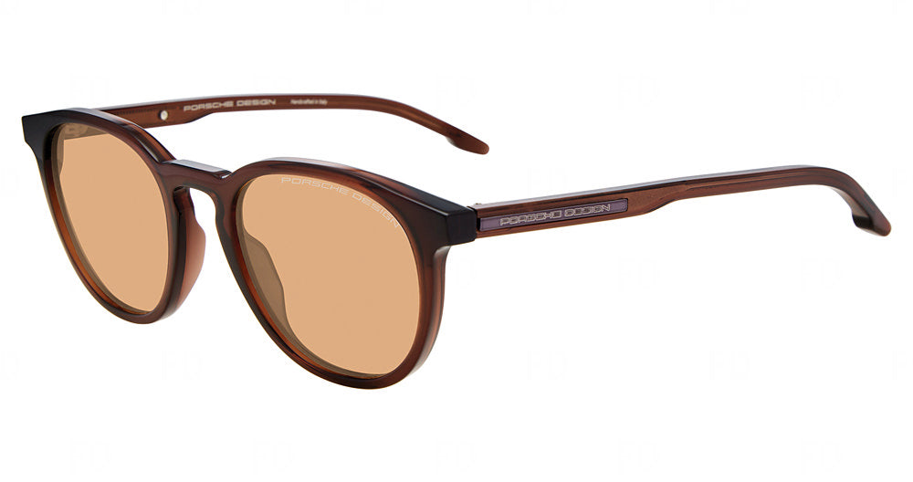 Porsche Design P86025 men's pantos plastic sunglasses in Transp Brown, with translucent brown full rims, peach-brown lenses and inset temple accents.

