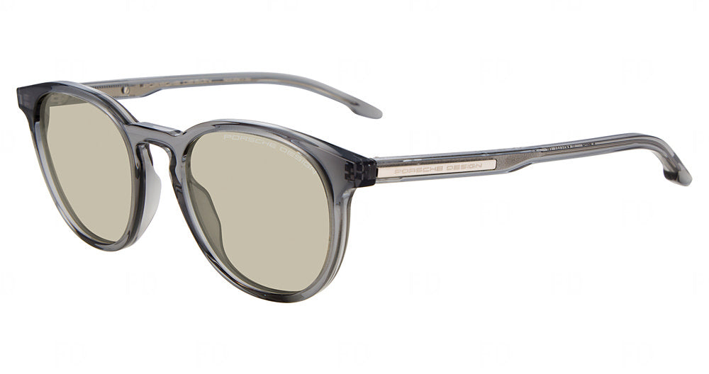 Porsche Design P86025 men's pantos plastic sunglasses in Transp Grey, with translucent gray full rims, pale gray-beige lenses and inset temple accents.

