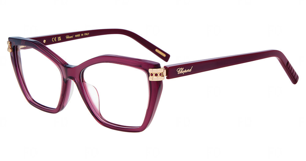 Chopard VCH445S women's geometric plastic eyeglasses in Transparent Plum with metallic-tone temple accents.