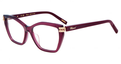Chopard VCH445S women's geometric plastic eyeglasses in Transparent Plum with metallic-tone temple accents.