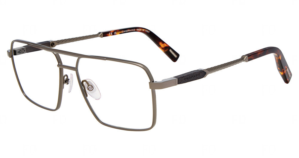 Chopard VCHM87 men's geometric metal eyeglasses in Ultrablack with a full rim, double bridge, and patterned temple tips.

