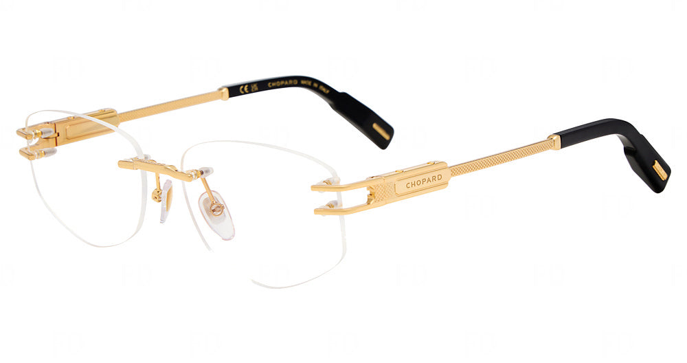 Chopard VCHM86 men's various-form metal rimless eyeglasses in Yellow Gold with textured temples and black temple tips.


