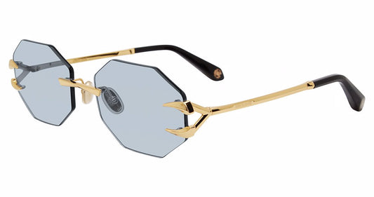 Roberto Cavalli SRC005 unisex geometric metal sunglasses in Yellow Gold with rimless blue-gray lenses, sculptural claw-like outer accents, and dark temple tips.

