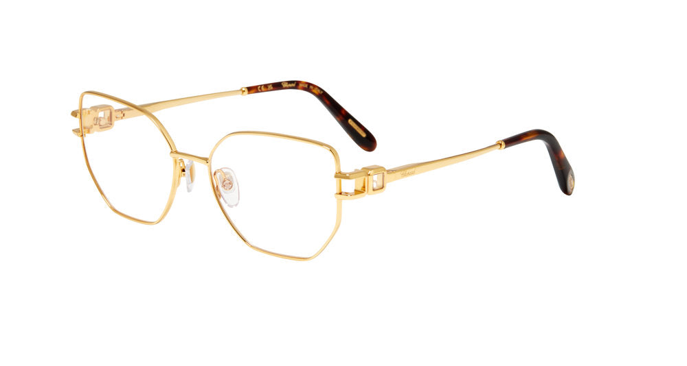 Chopard VCHM45S women's butterfly full-rim eyeglasses in Yellow Gold with open geometric temple accents and patterned temple tips.

