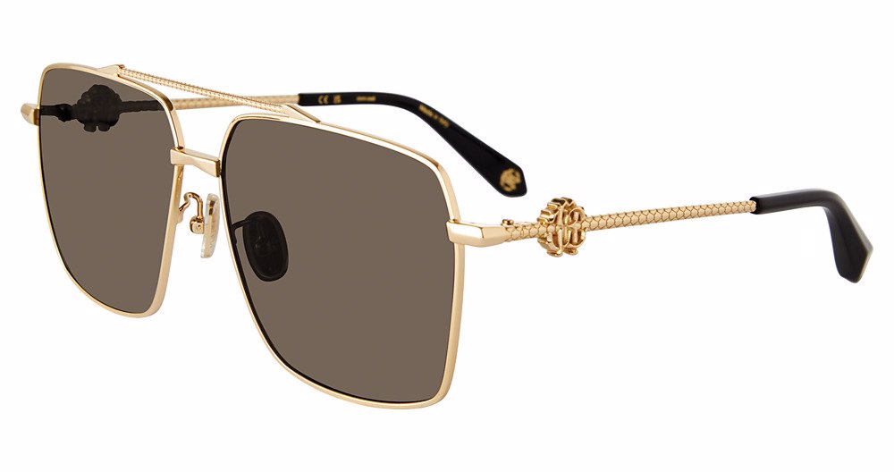 Roberto Cavalli SRC036V unisex navigator sunglasses in Yellow Gold with full rims, brown lenses, textured gold-toned temples, side monograms, and dark tips.

