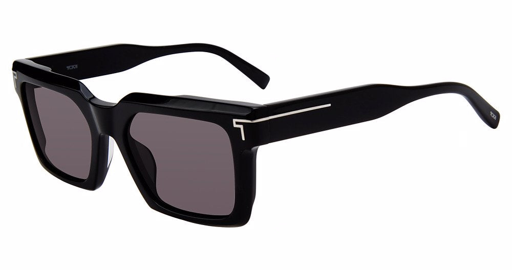Black:
TUMI STU511 Square Sunglasses in Black — men's full-rim acetate frame with sculpted TUMI T logo temples

