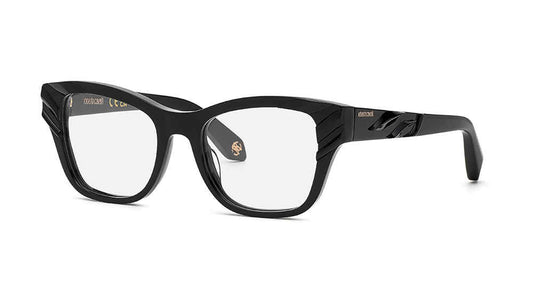Roberto Cavalli VRC025V women's butterfly eyeglasses in Black, with sculpted outer corners and patterned temple details.

