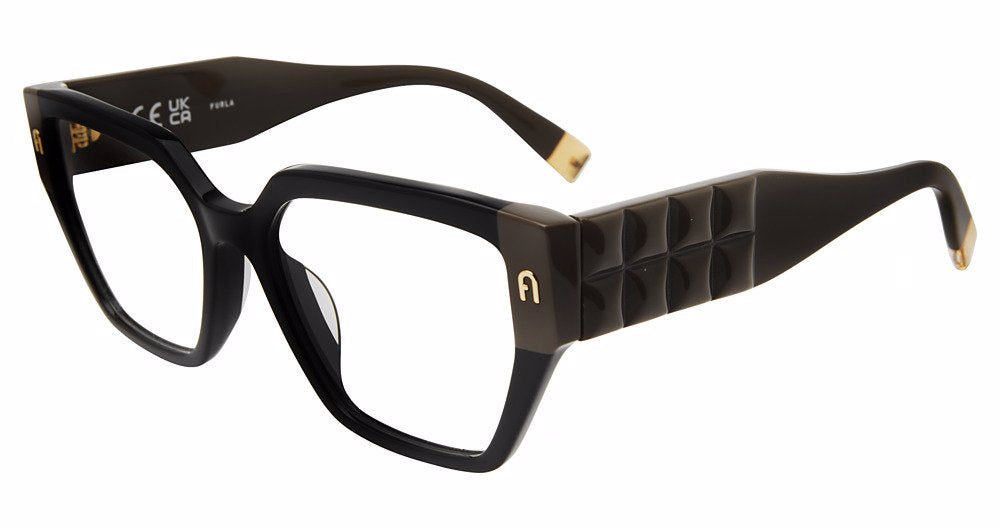Black:
Furla VFU775 Square Eyeglasses in Black — women's full plastic frame, no hinges, prescription-ready

