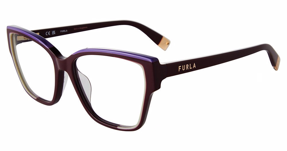 Bordeaux:
Furla VFU718 Square Eyeglasses in Bordeaux — women's full plastic frame, spring hinges, prescription-ready
