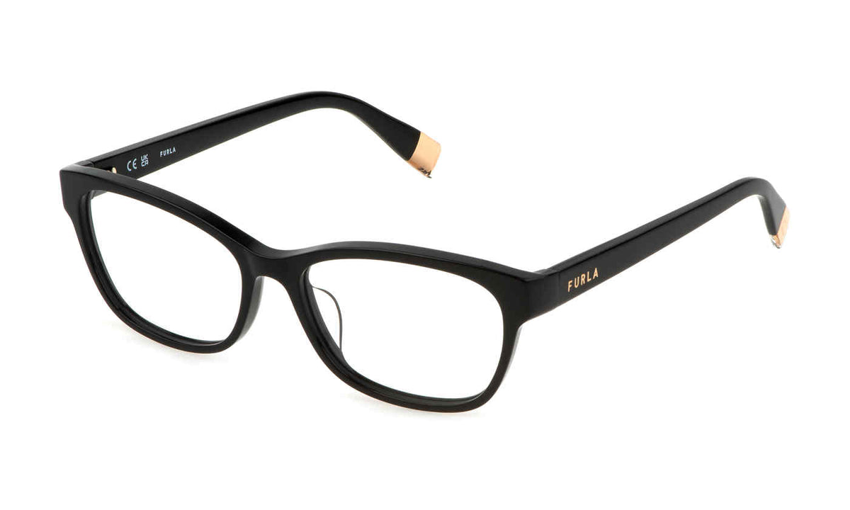 Black:
Furla VFU670 Square Eyeglasses in Black — women's full plastic frame, single bridge, no hinges, prescription-ready
