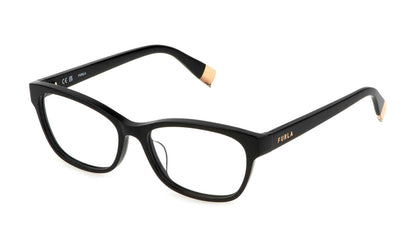 Black:
Furla VFU670 Square Eyeglasses in Black — women's full plastic frame, single bridge, no hinges, prescription-ready
