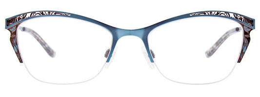 Blue (frame only):
Easy Clip EC522 Soft Cat Eye Eyeglasses in Blue — women's semi-rimless metal frame with clip-on sunglasses


