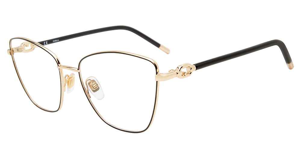 Black:
Furla VFU549 Butterfly Eyeglasses in Black — women's full rim frame, adjustable nose pads, prescription-ready
