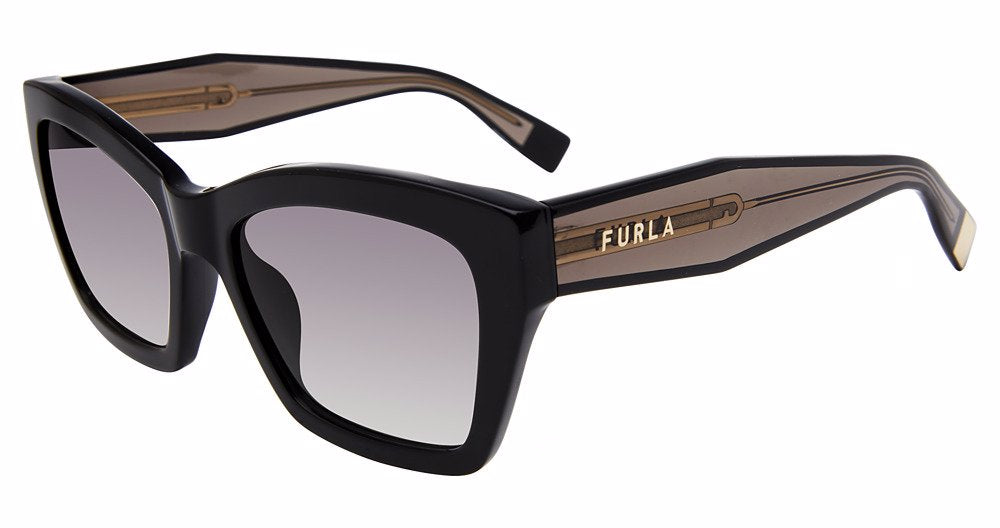 Black:
Furla SFU778 Square Sunglasses in Black — women's full plastic frame, hingeless, prescription-ready
