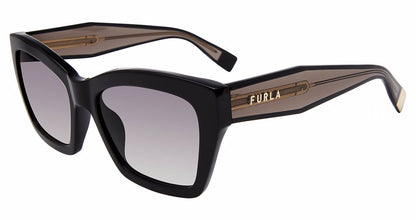 Black:
Furla SFU778 Square Sunglasses in Black — women's full plastic frame, hingeless, prescription-ready
