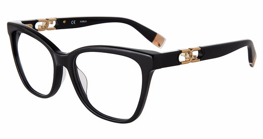 Black:
Furla VFU633 Square Eyeglasses in Black — women's full plastic frame, single bridge, no hinges, prescription-ready
