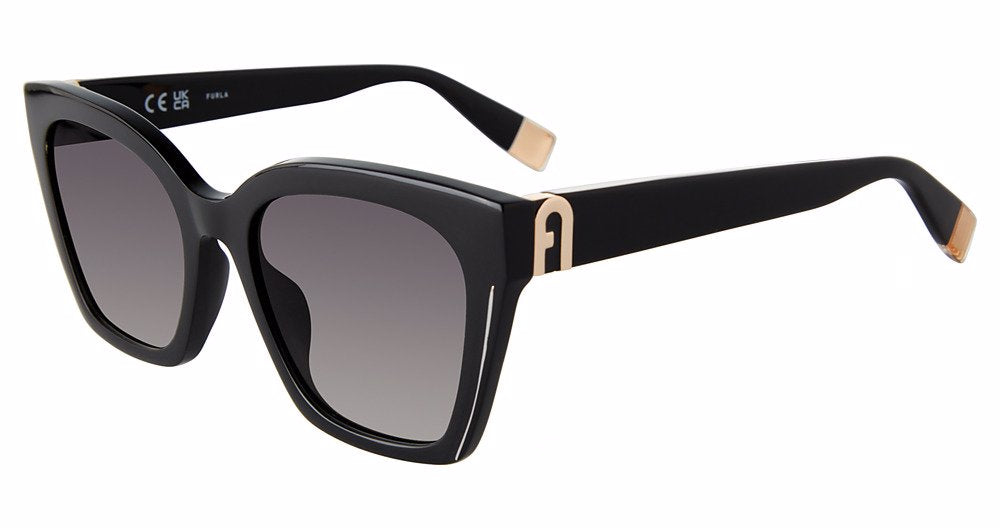 Black:
Furla SFU708 Butterfly Sunglasses in Black — women's full plastic frame, single bridge, hingeless
